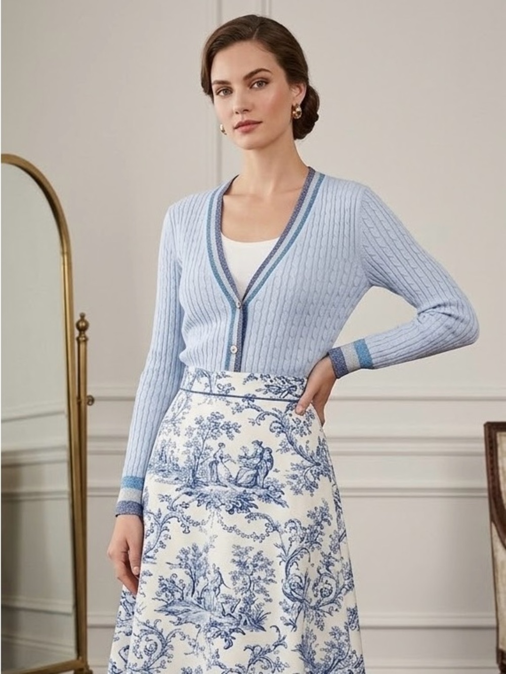 Brooks Brothers Powder Blue Cable-Knit V-Neck Cardigan with Navy Trim size m